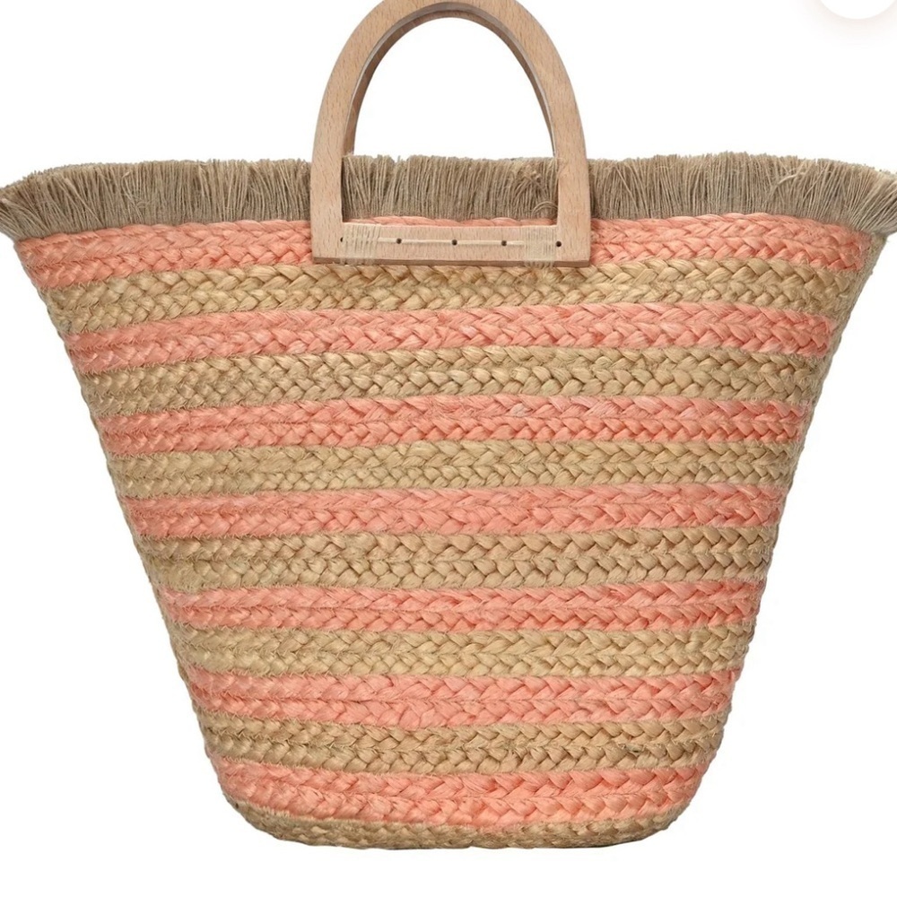 Antik Kraft Straw Tote with Coral Pink Stripes